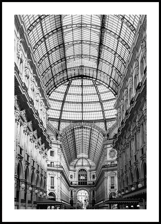 Černobílý plakát Galleria Vittorio Emanuele II Milan