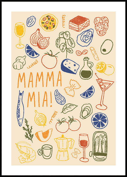 Mamma Mia!, hravá italská kuchyně s barevnými ilustracemi potravin plakát
