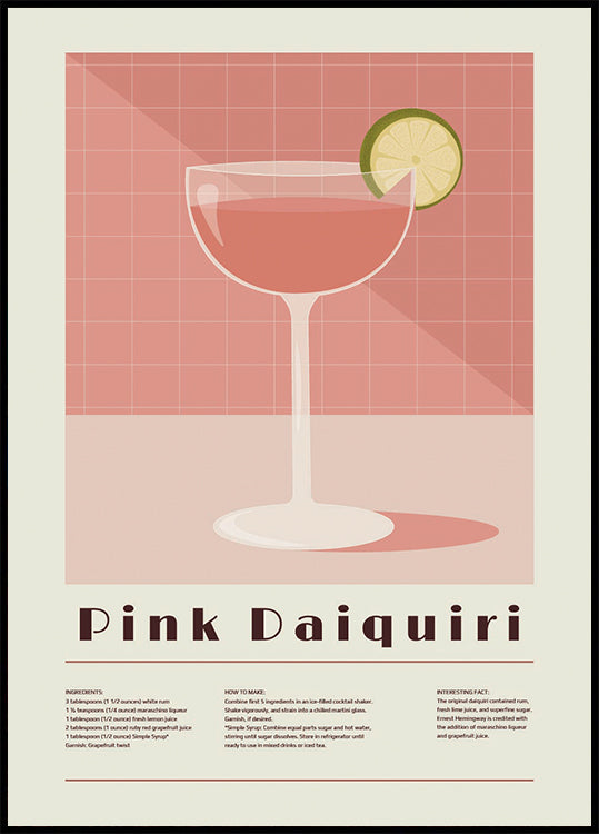 Pink Daiquiri Cocktail, Retro Recept Plakát