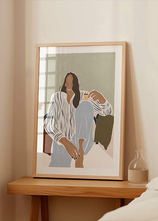 Žena se těší šálek espressa plakát