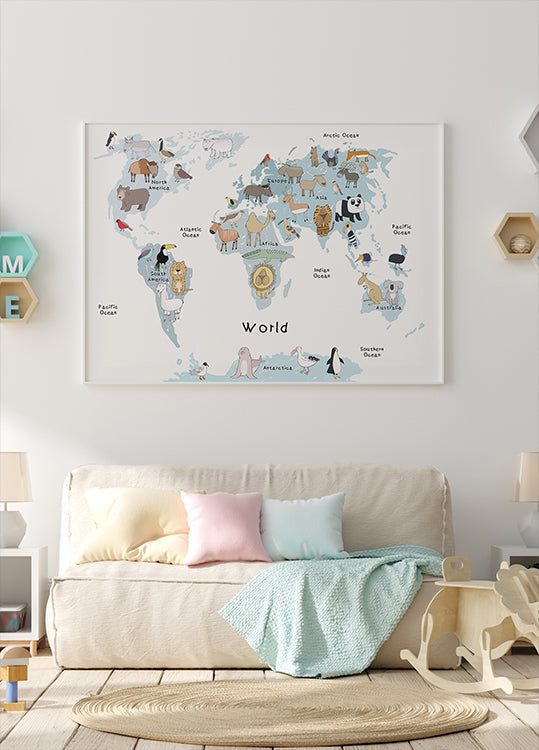 Ilustrovaná mapa světa s plakátem roztomilých zvířat