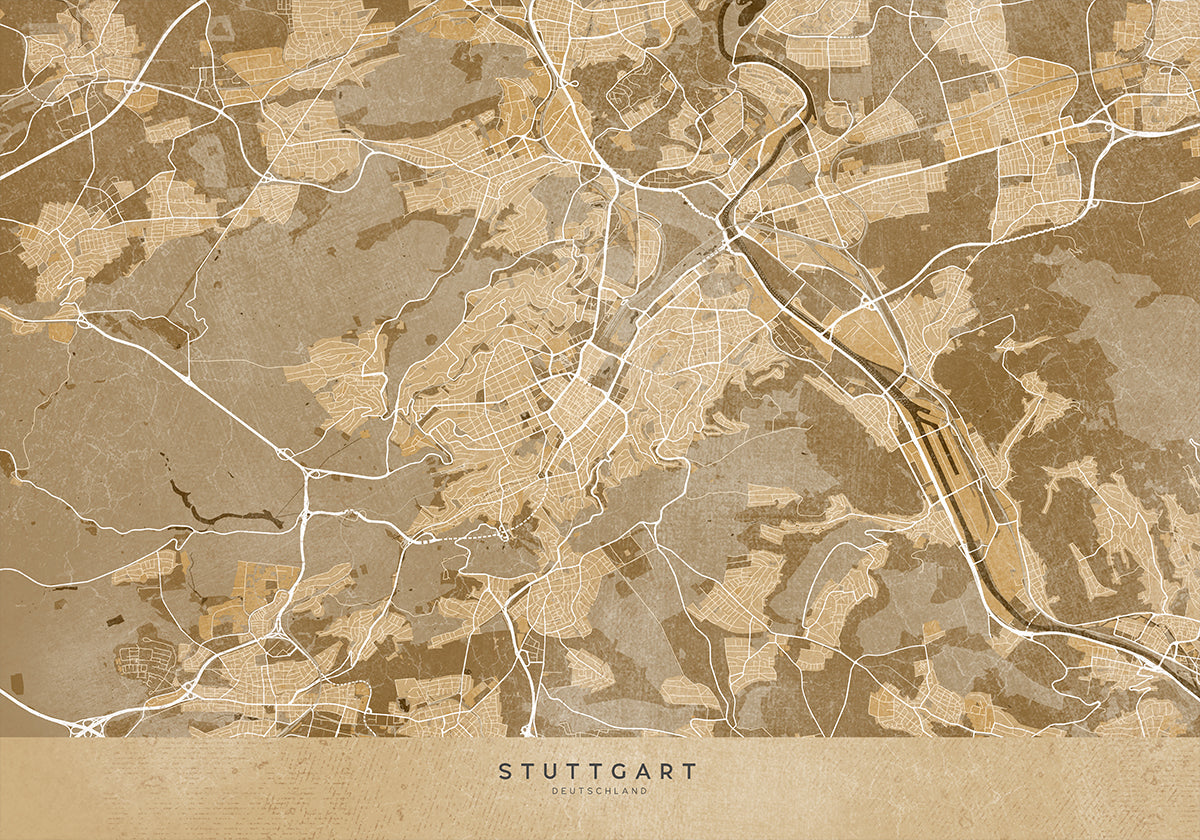 Sepia vintage mapa centra Stuttgartu v Německu (NOVINKA)