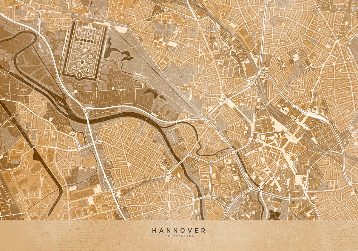Sépie vintage mapa Hannoveru v centru Německa plakát