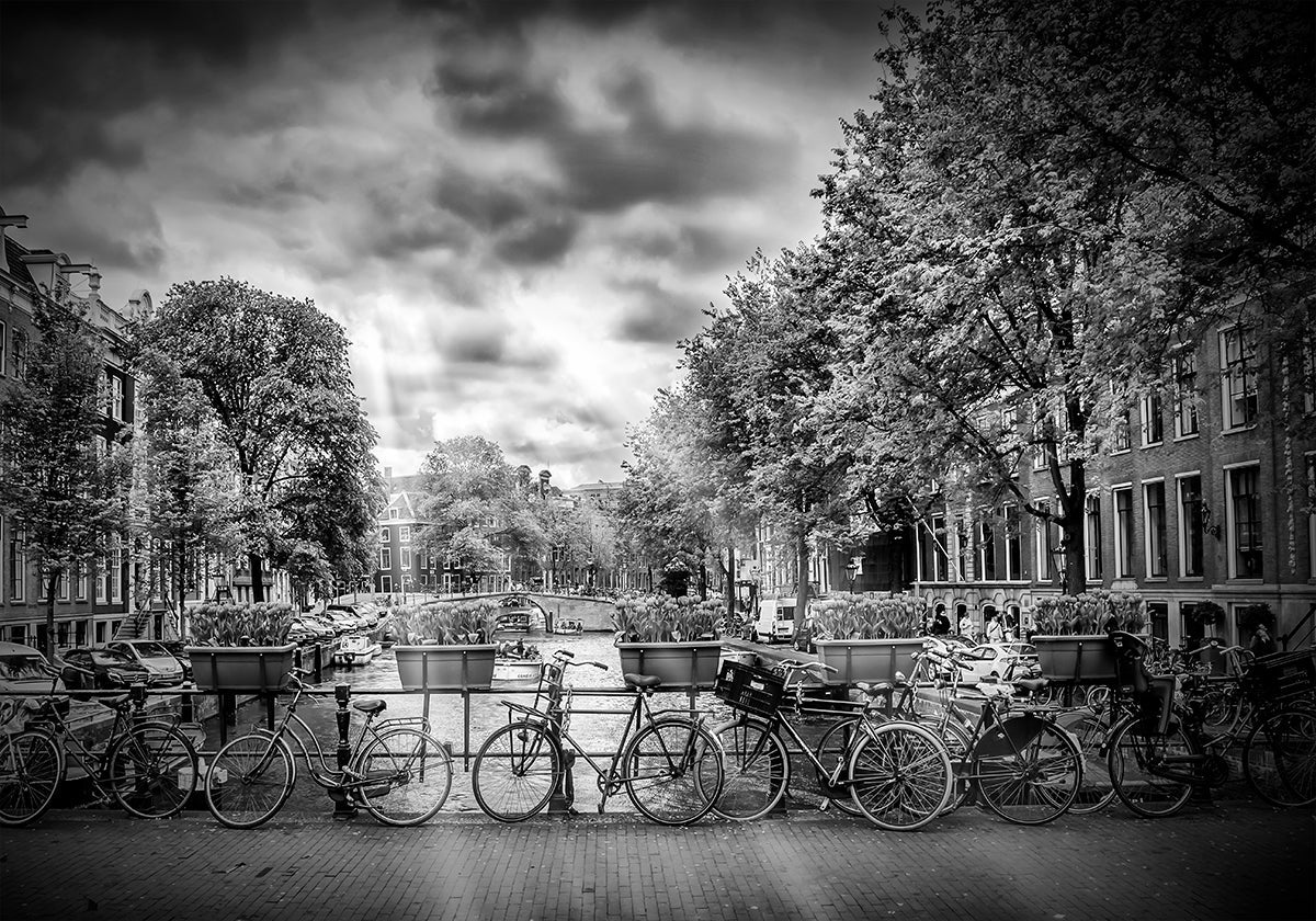 AMSTERDAM Typická panoráma města v monochromatickém plakátu
