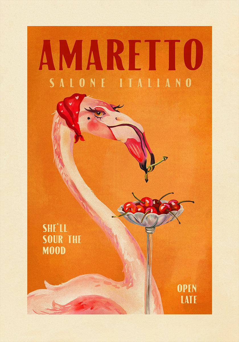Amaretto Flamingo Art Deco Italská kavárna Cestovní umělecký plakát