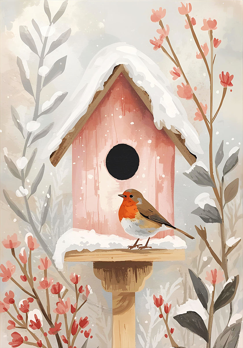 Plakát Vogelhaus mit Rotkehlchen und Pflanzen