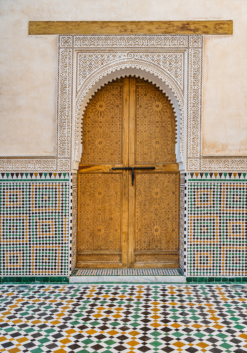 Decorated brown wooden door in Morocco (NEW) - Posterbox