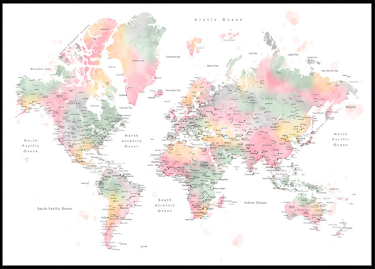 Pastelová akvarelová mapa světa s městy, Anjah
