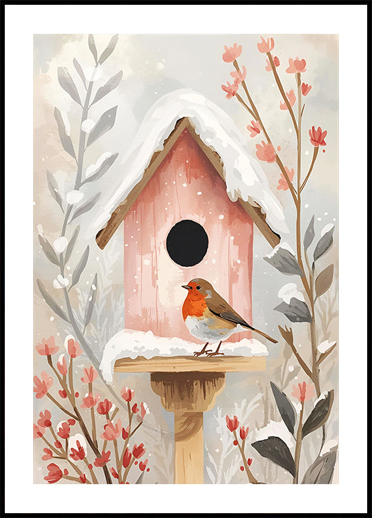 Plakát Vogelhaus mit Rotkehlchen und Pflanzen