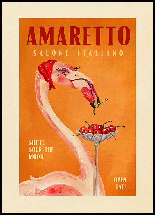 Amaretto Flamingo Art Deco Italská kavárna Cestovní umělecký plakát
