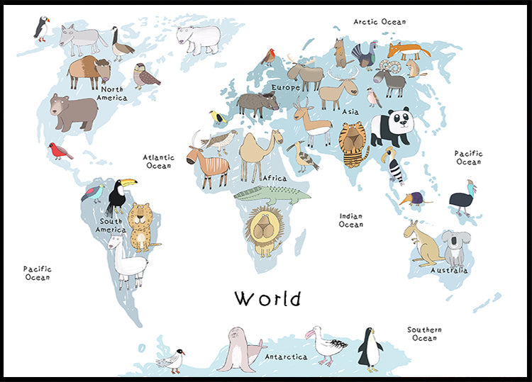 Illustrated Map of the World with Cute Animals Plakat - Posterbox