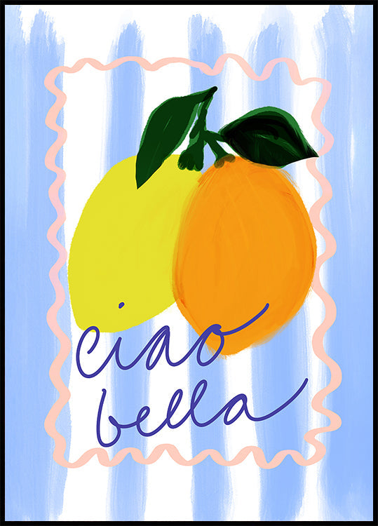 zářivá ilustrace dvou citronů a pomeranče s výrazem „ciao bella“ napsaným pod nimi.