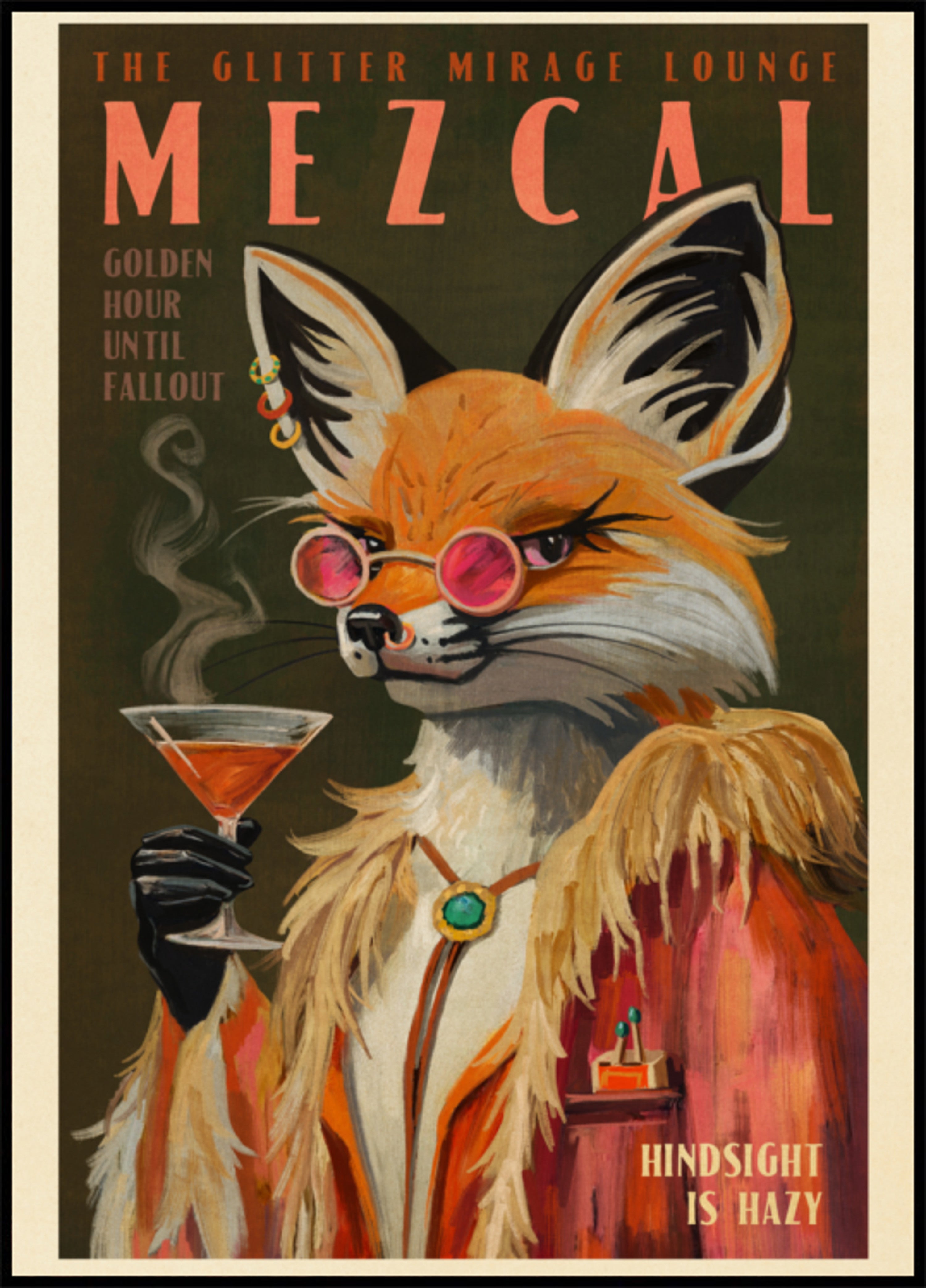 Tisk Mezcal Fox. Vintage alkoholové plakáty a koktejlové dekorace