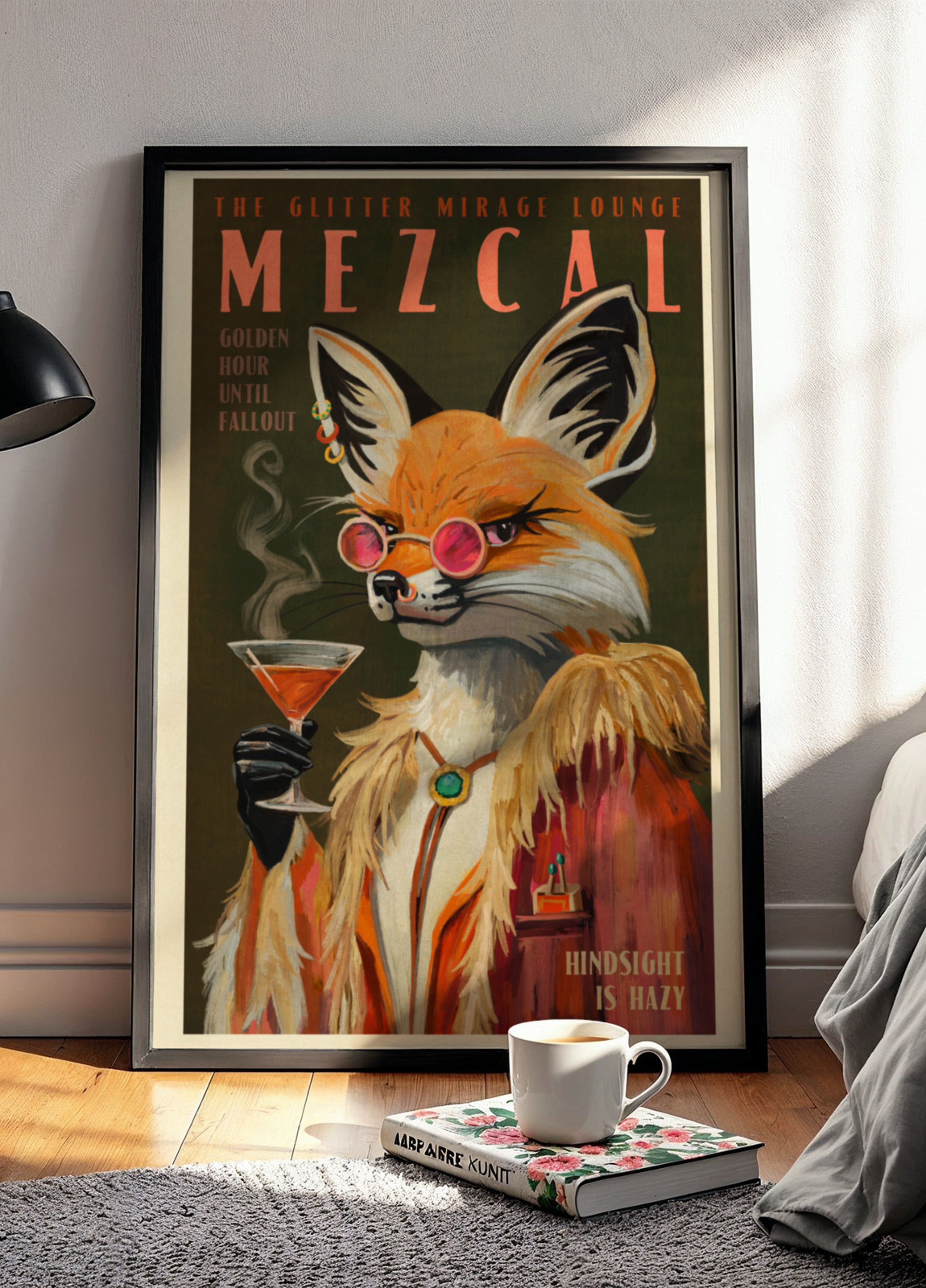 Tisk Mezcal Fox. Vintage alkoholové plakáty a koktejlové dekorace