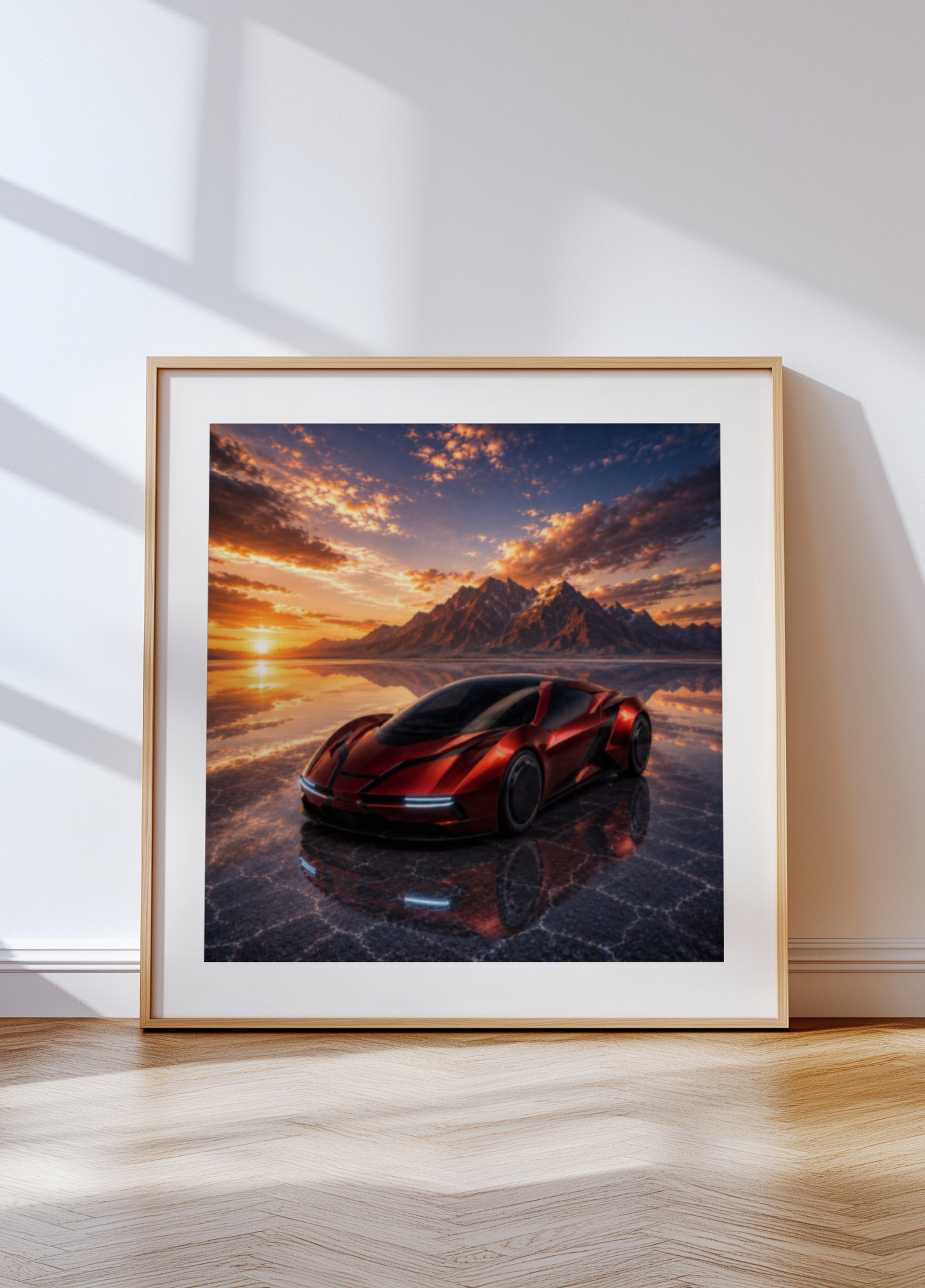 Zářivé sportovní auto při západu slunce
