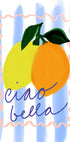 zářivá ilustrace dvou citronů a pomeranče s výrazem „ciao bella“ napsaným pod nimi.