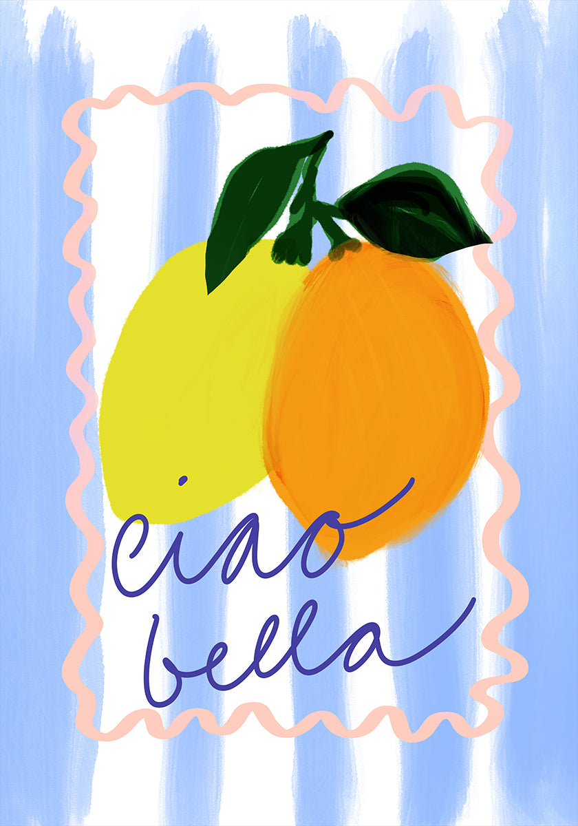 zářivá ilustrace dvou citronů a pomeranče s výrazem „ciao bella“ napsaným pod nimi.