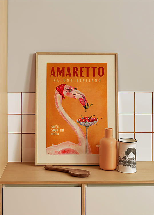Amaretto Flamingo Art Deco Italská kavárna Cestovní umělecký plakát