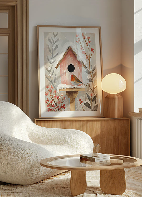 Plakát Vogelhaus mit Rotkehlchen und Pflanzen