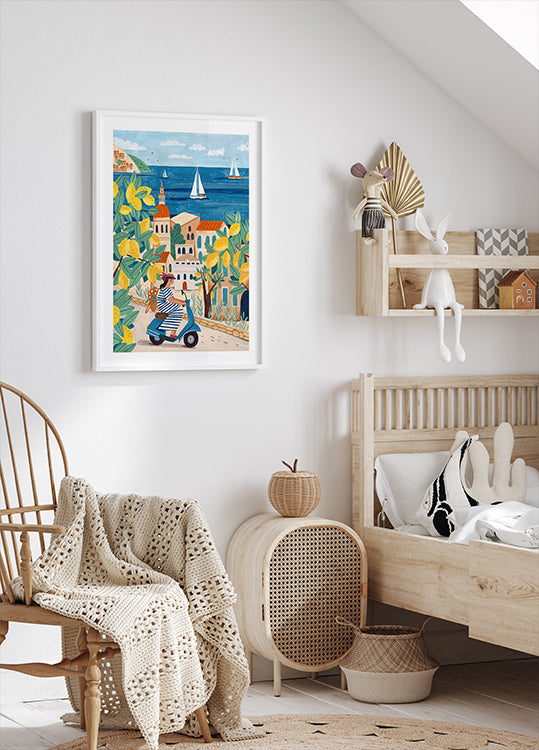 Cestovní žena na pobřeží Amalfi, Itálie plakát