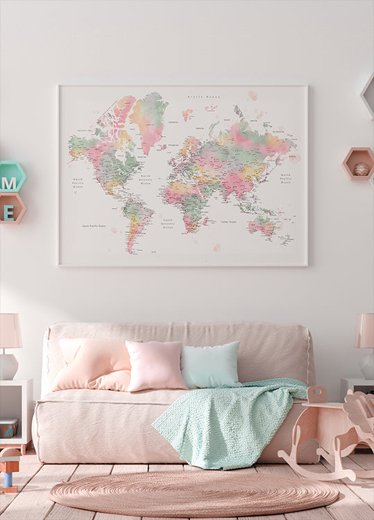 Pastelová akvarelová mapa světa s městy, Anjah