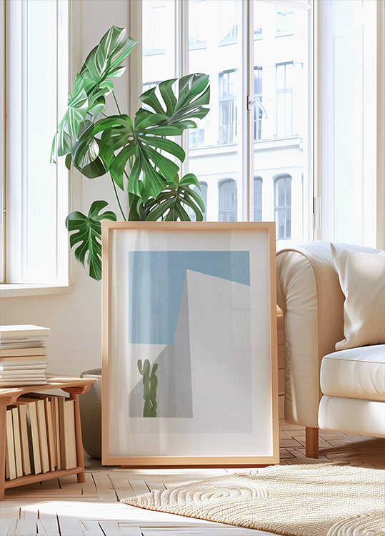 Minimální pohled na poušť, kaktus a geometrický plakát