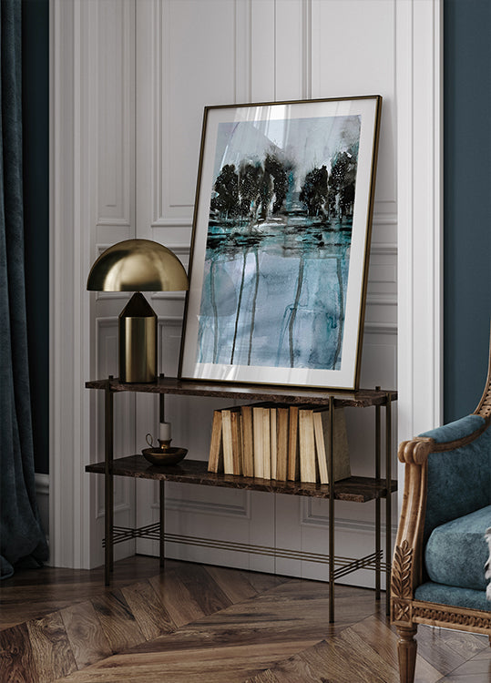 Stromy se odráží ve vodě plakát