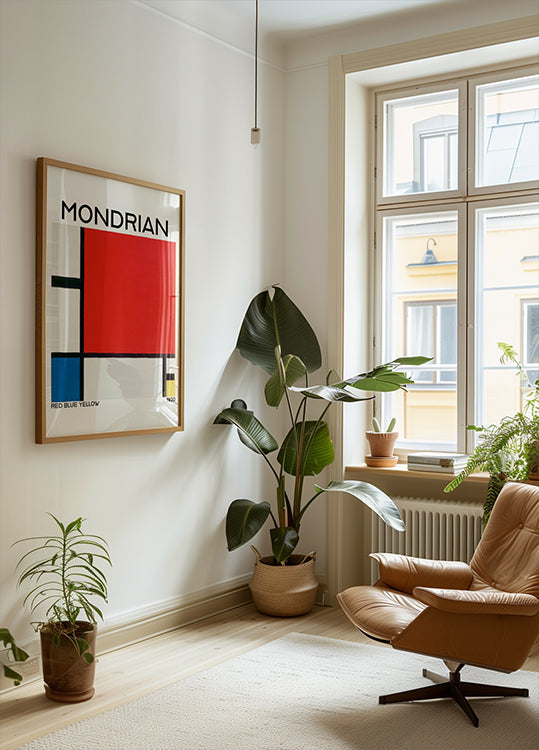 Kompozice s červeným, modrým a žlutým plakátem z roku 1930