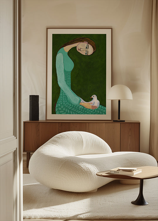 Plakát paní sedící s bílou holubicí ptačí ženou