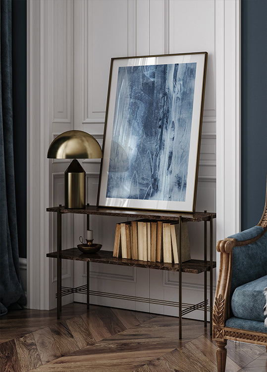 Modrá textura tekoucí vertikální čáry plakát