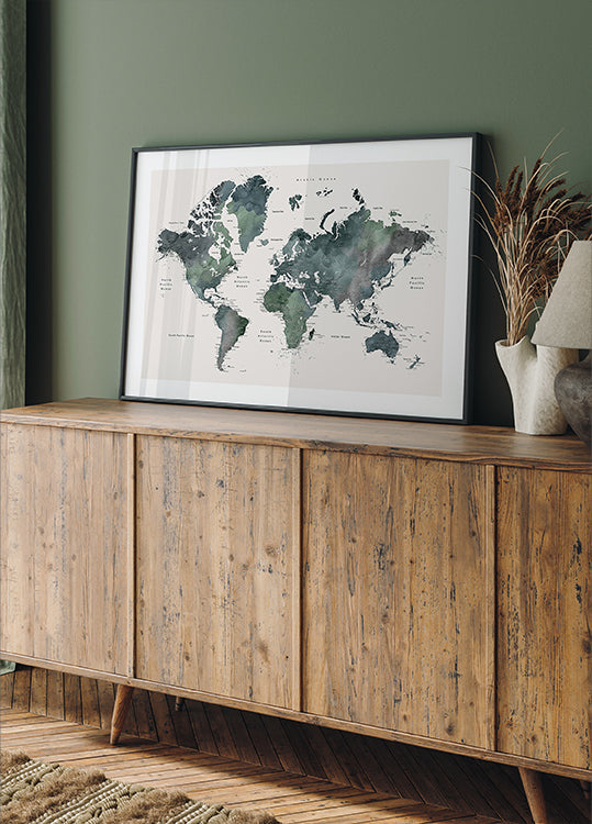 Akvarel mapa světa s městy, plakát Makoa