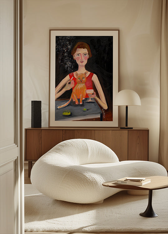 Vintage žena s koktejlem a kočka plakát