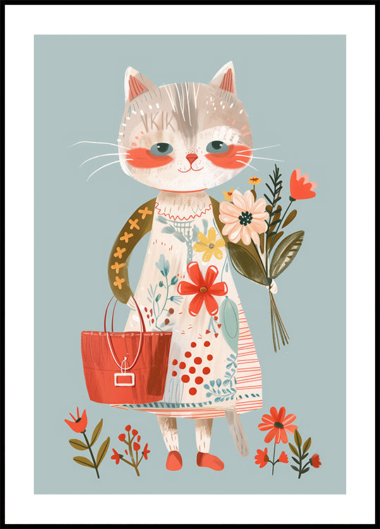 Cat in Floral Dress Holding Flowers Plakat - Posterbox.dk
