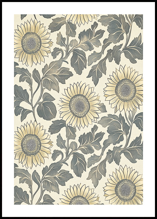 Sunflower Botanical Vintage Pattern Cream Plakat - Posterbox.dk