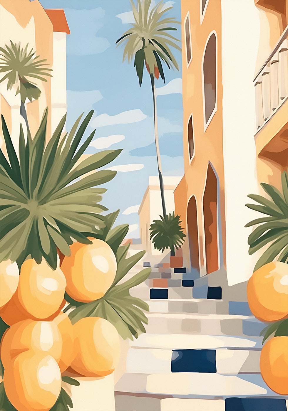 Sunny Citrus Street, Mediterranean Village Steps Plakat - Posterbox.dk
