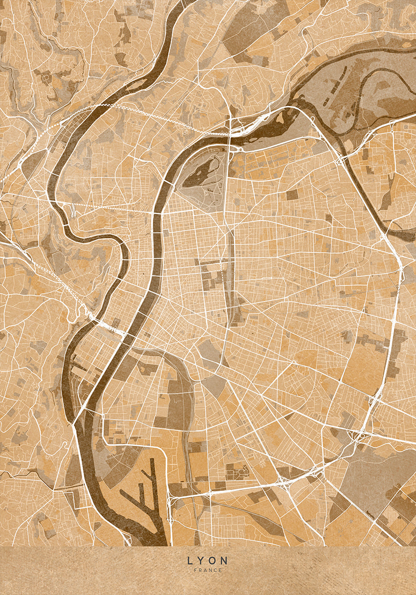Sepia vintage map of Lyon France Plakat - Posterbox
