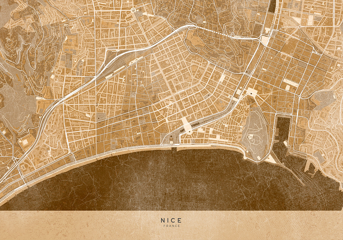Sepia vintage map of Nice downtown France Plakat - Posterbox