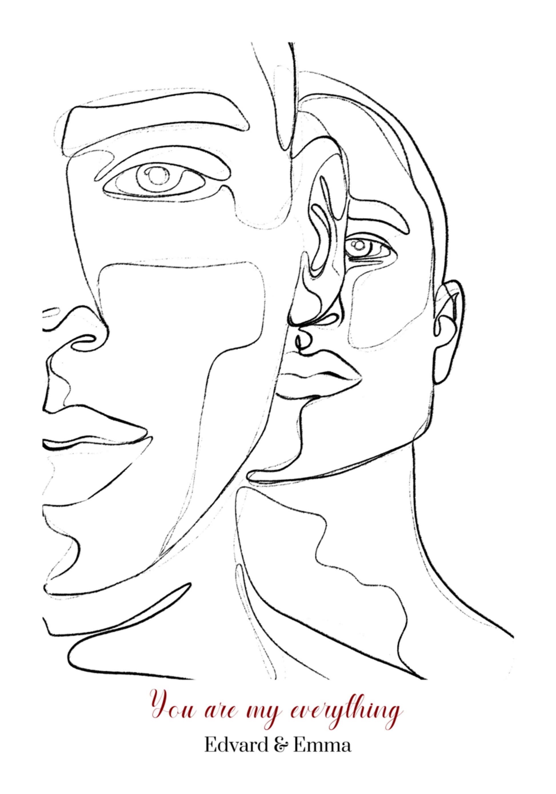 Minimalistický párový portrét v čárové kresbě