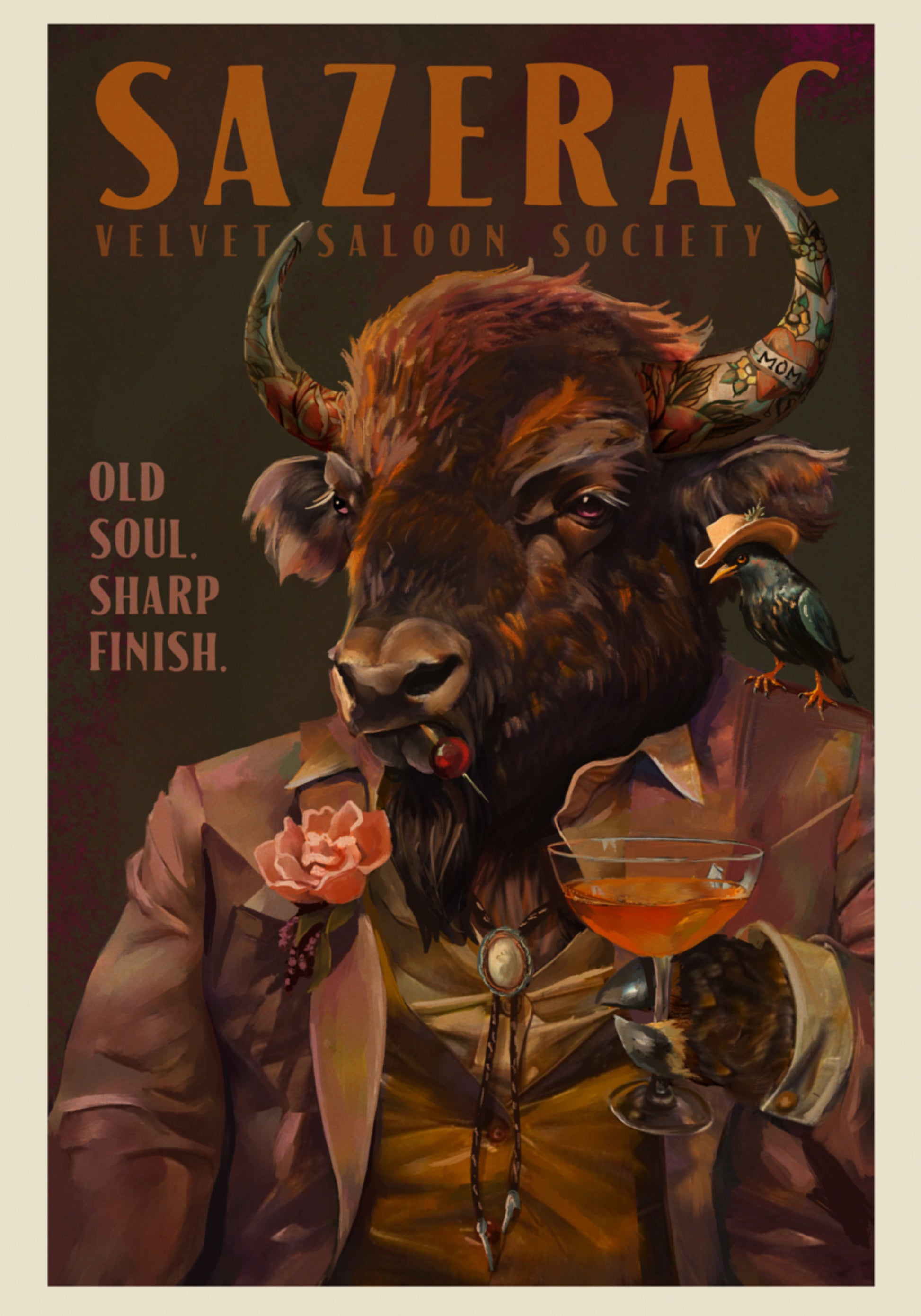 Koktejl Buffalo Drinking Sazerac. Alcohol & Liquor Bar Art