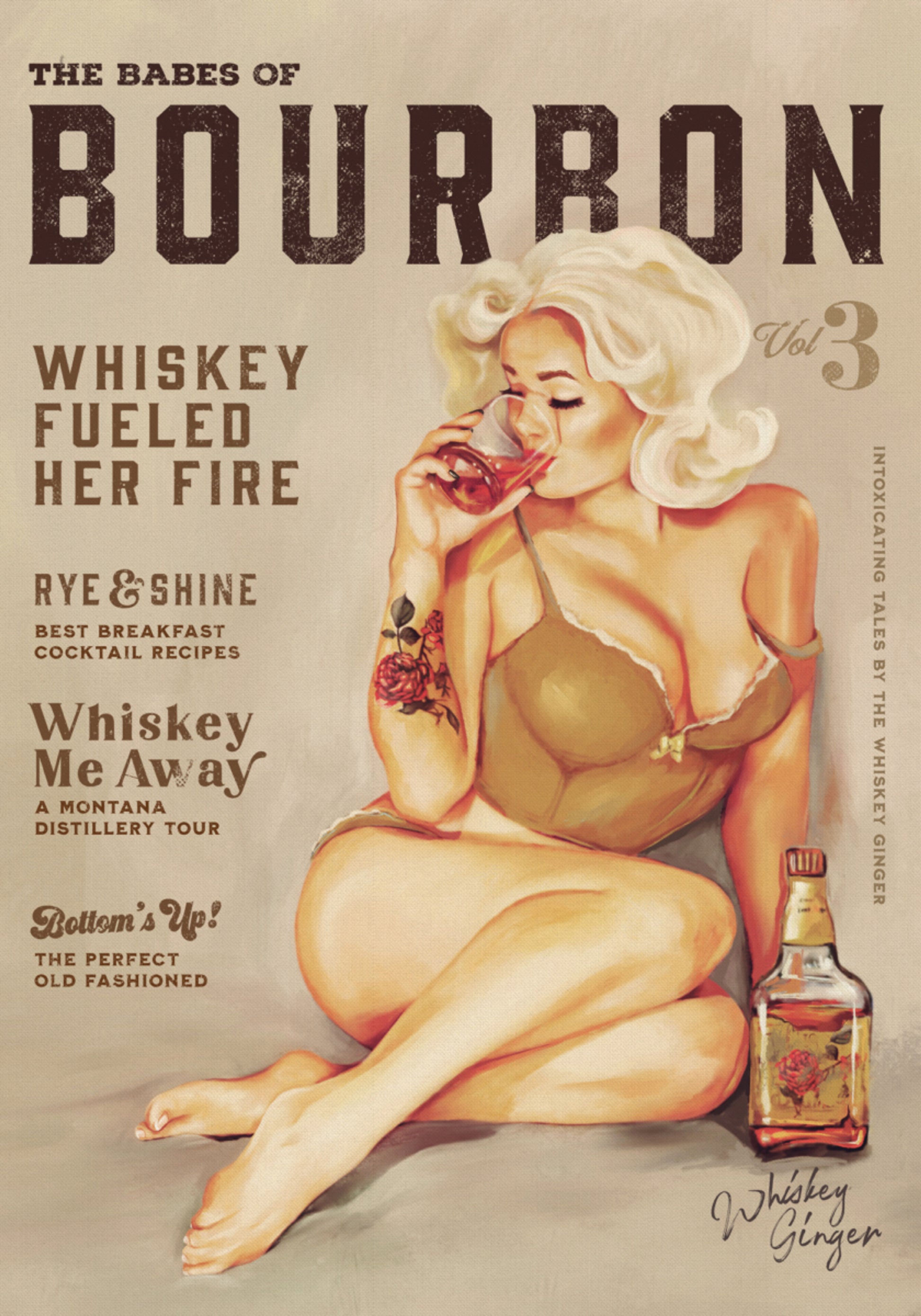 Bourbon Wall Art. Sexy Vintage Pin Up dívka pití whisky