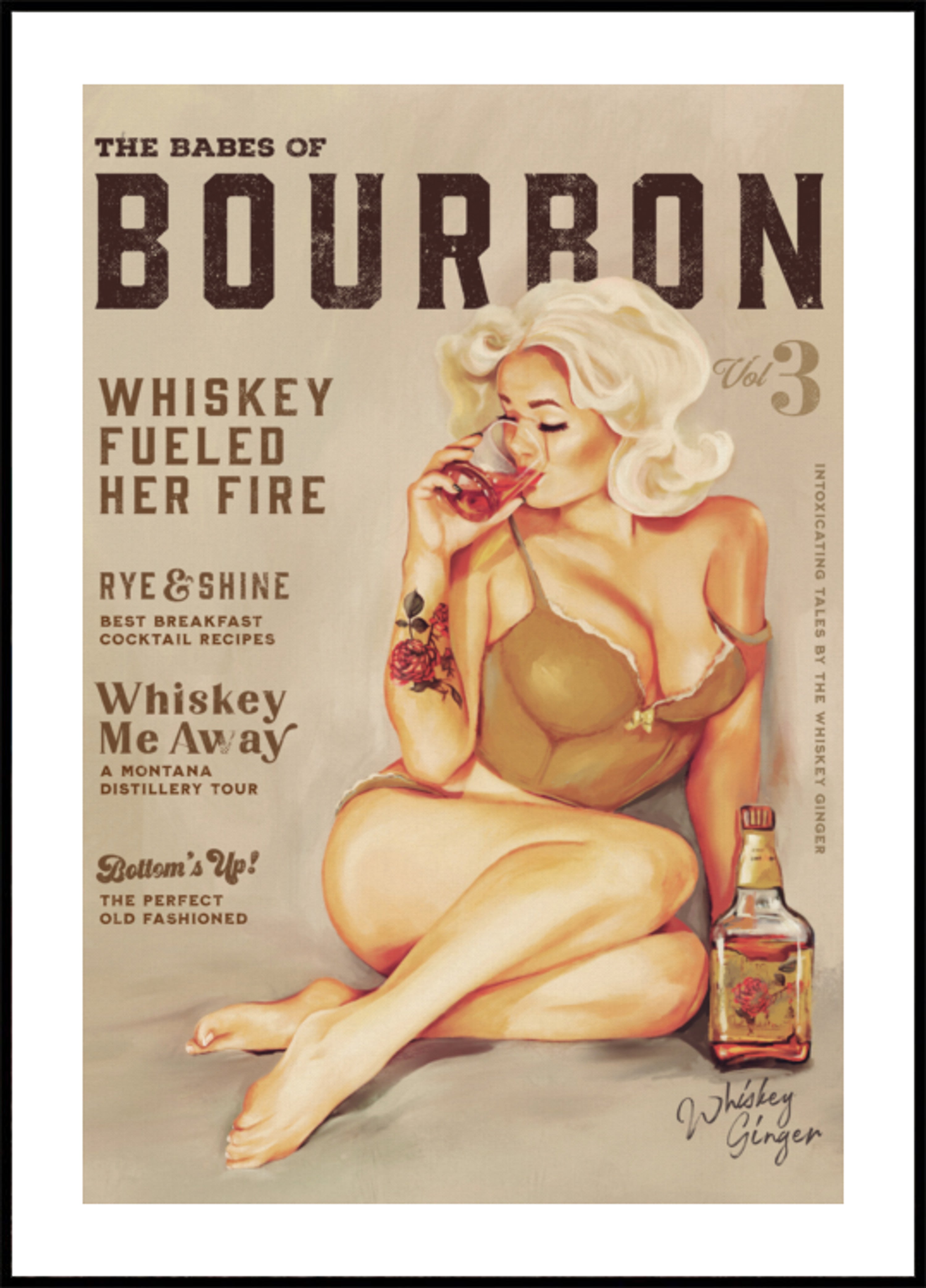 Bourbon Wall Art. Sexy Vintage Pin Up dívka pití whisky