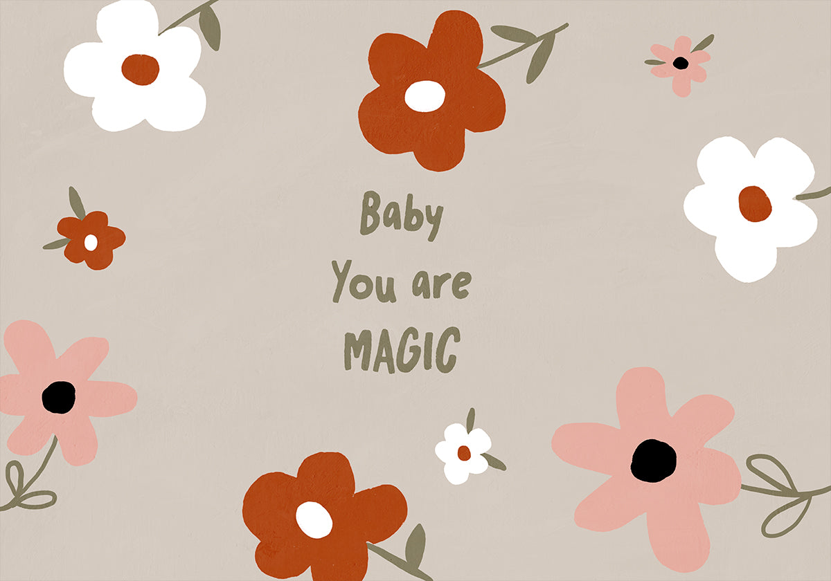 sbírka barevných květin, včetně bílých, oranžových a růžových květin, uspořádaných do kruhového vzoru. Text "Baby You are MAGIC" je zobrazen uprostřed obrázku, obklopený květinami.
